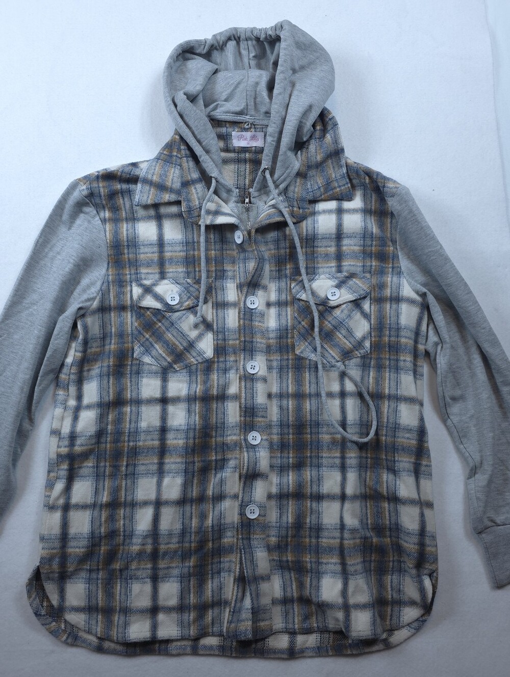 Pink Lily Womens Medium Hooded Plaid Shacket Flannel Button Jacket Gray Blue